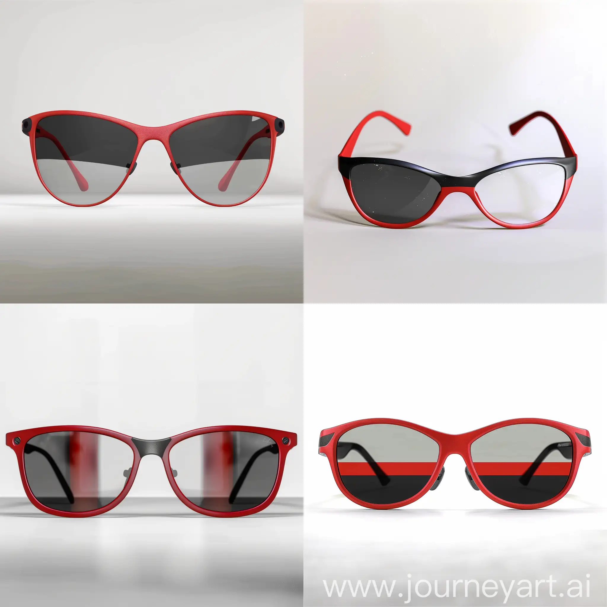 Create realistic 3D sports glasses, as if it were a studio photo with a white background. Strong red temple, black lens. Make them thin and light, very sporty, polarized lens between red and black, make the polarized gradient more natural as if they were polarized glasses, the gradient does not have to follow a pattern, it has to be a mix between the two natural colors