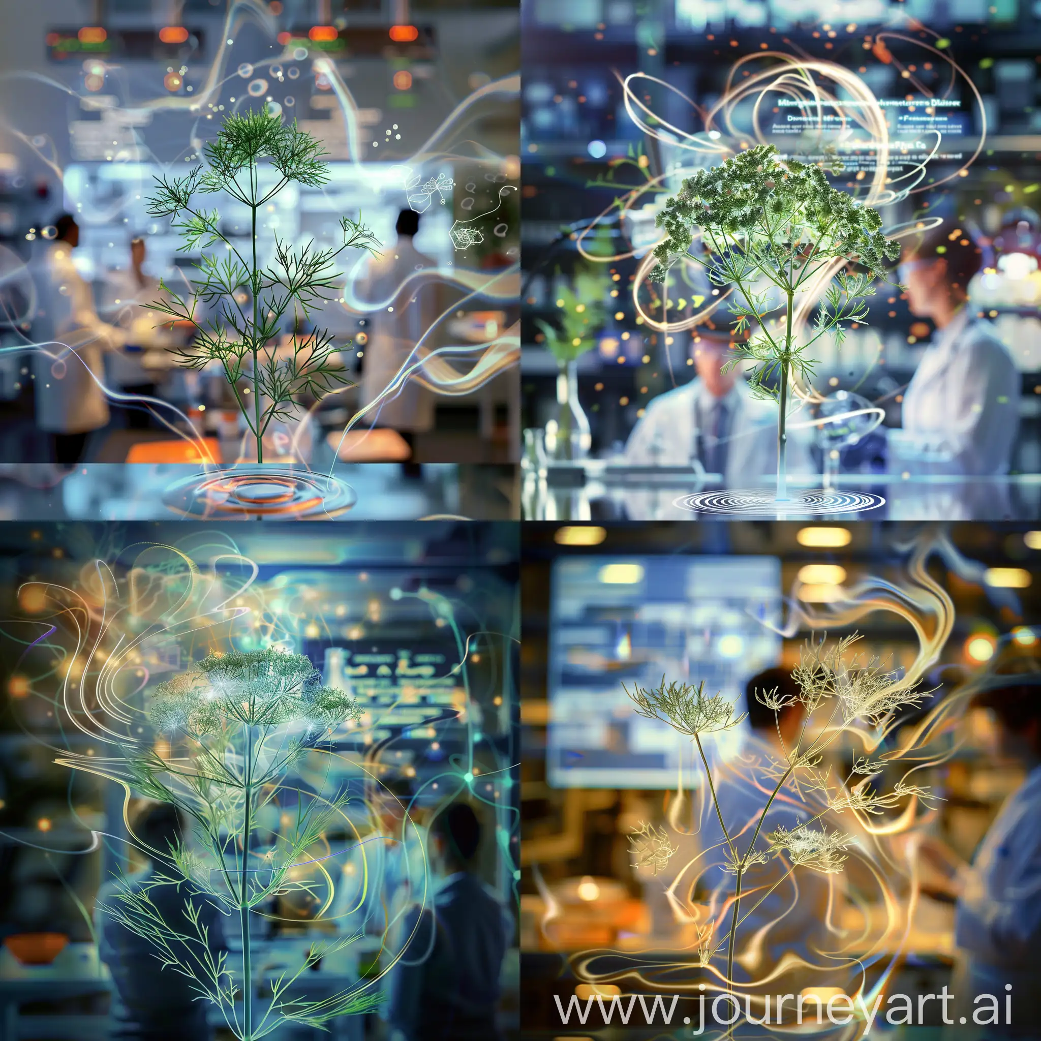 n a modern scientific laboratory, a group of researchers watches with fascination as a sample of dill sits against a blurred backdrop of scientific instruments. The dill plant, with its elegant arrangement of leaves and stems, is surrounded by swirling ferrofluid, forming intricate and beautiful patterns around it. In the background, data on the medicinal uses of dill are projected onto a digital screen, highlighting its healing properties and health benefits. The atmosphere is one of discovery and wonder as the scientists delve into the secrets of this revered plant from ancient times