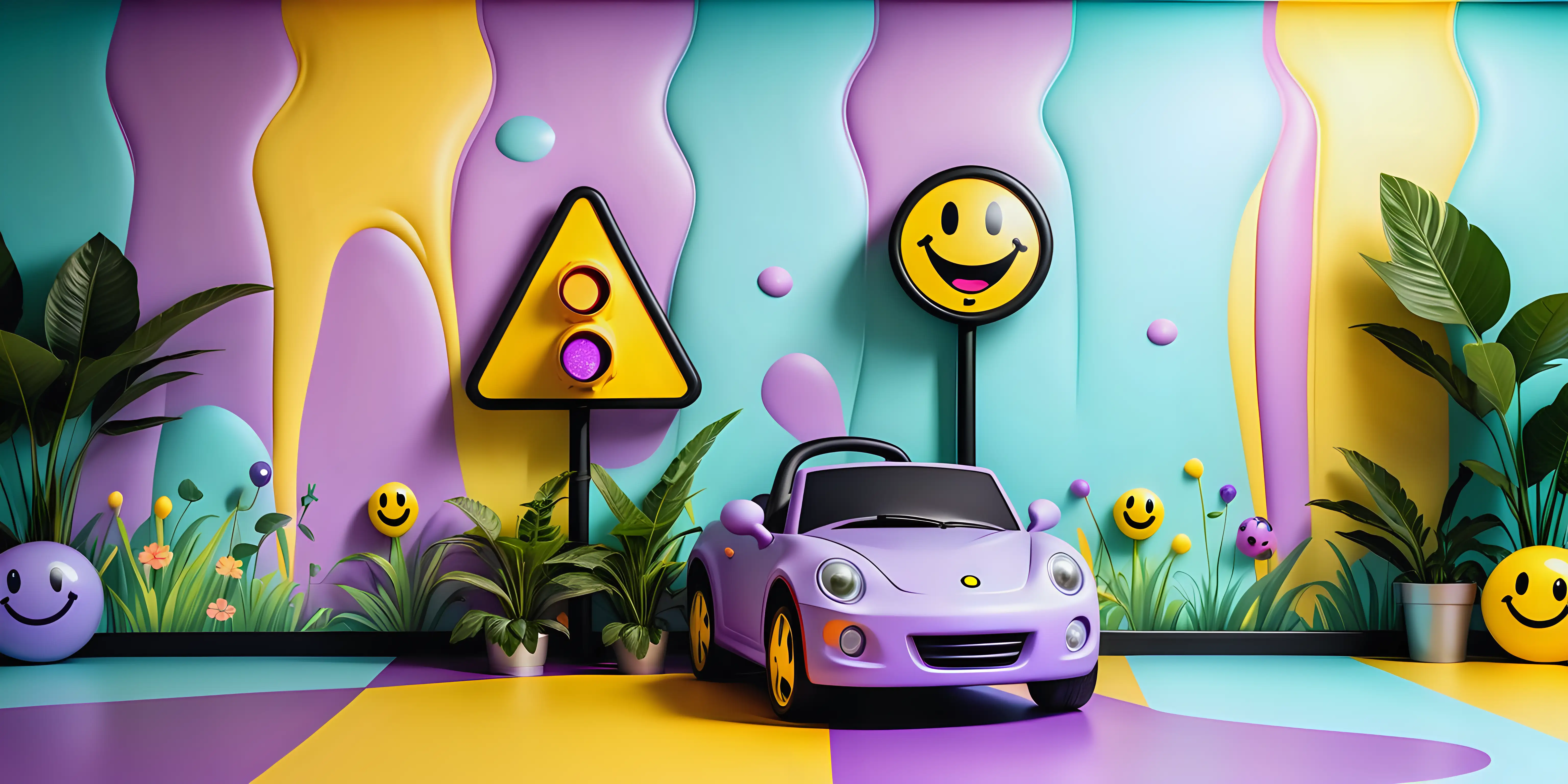 A wall paper texture for kids and soft play area that looks funny and give fun vibe and joy mood with car and metled  traffic signal with plants and  smiley faces and cartoon kids with light colors of  aqua and yellow and lilac purple and pink