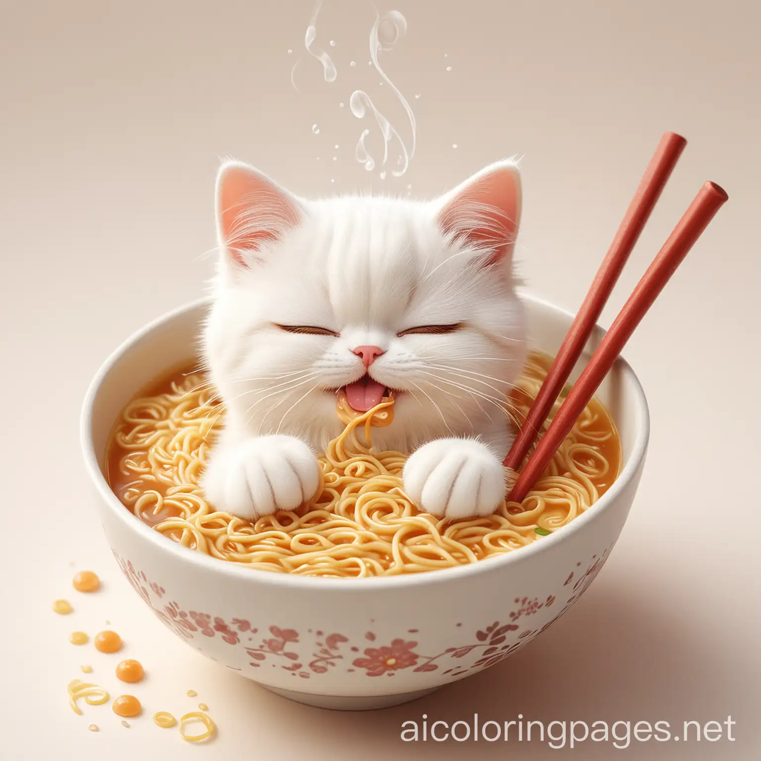 A charming illustration of an adorable, kawaii cat relishing a bowl of steaming ramen. The cat's eyes are closed in pure bliss as it delicately picks up the noodles with a pair of chopsticks. The scene is set against a clean, white background, with tiny bubbles rising from the simmering broth. The cat's soft fur radiates a warm, inviting light, adding to the cute and comforting ambiance. The illustration beautifully captures the essence of simple pleasure and happiness, making it the epitome of contentment., Coloring Page, black and white, line art, white background, Simplicity, Ample White Space. The background of the coloring page is plain white to make it easy for young children to color within the lines. The outlines of all the subjects are easy to distinguish, making it simple for kids to color without too much difficulty