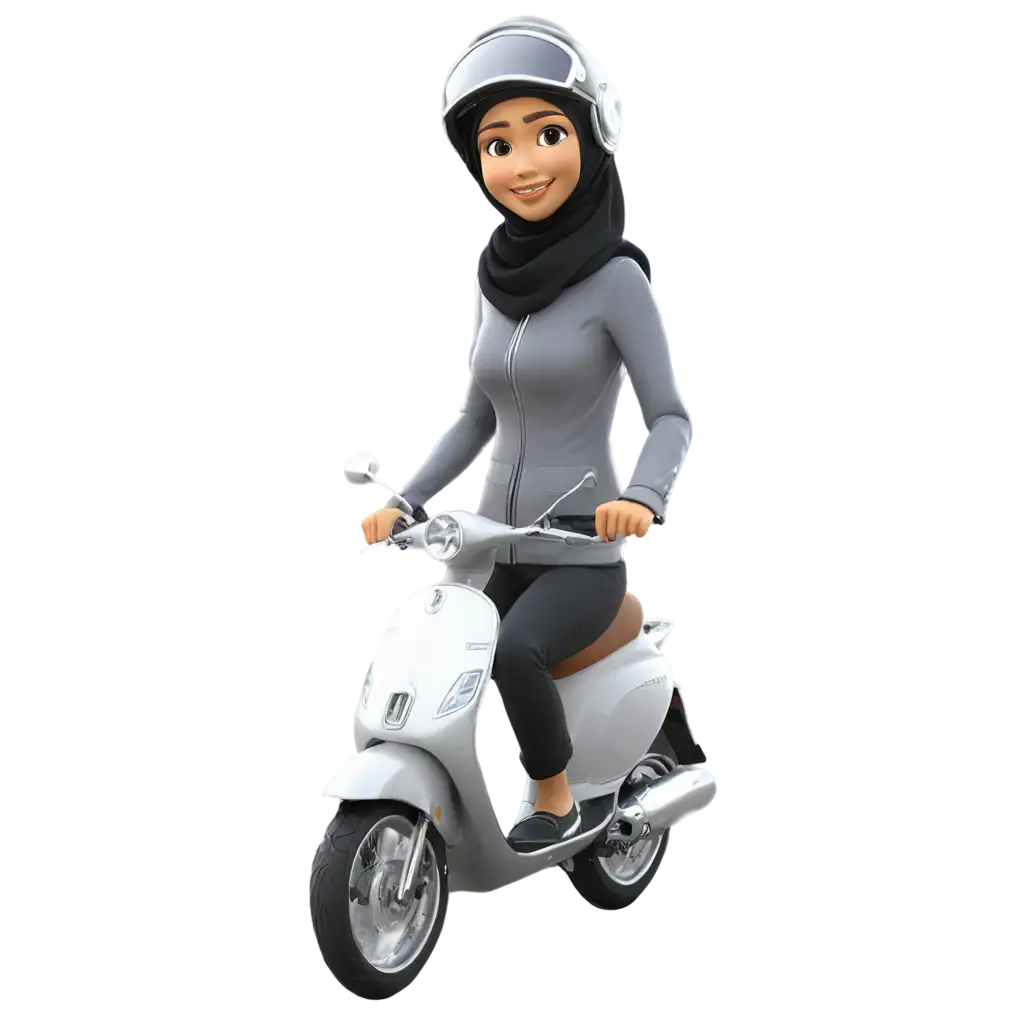 cartoon happy islam woman using grey helmet, grey sport ridding jacket ridding vespa matic