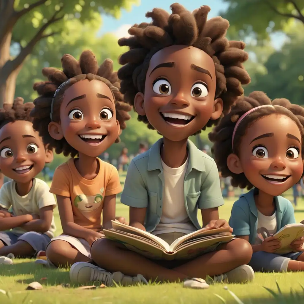 defined 3D cartoon-style African American kids listening to a story in the park smiling  