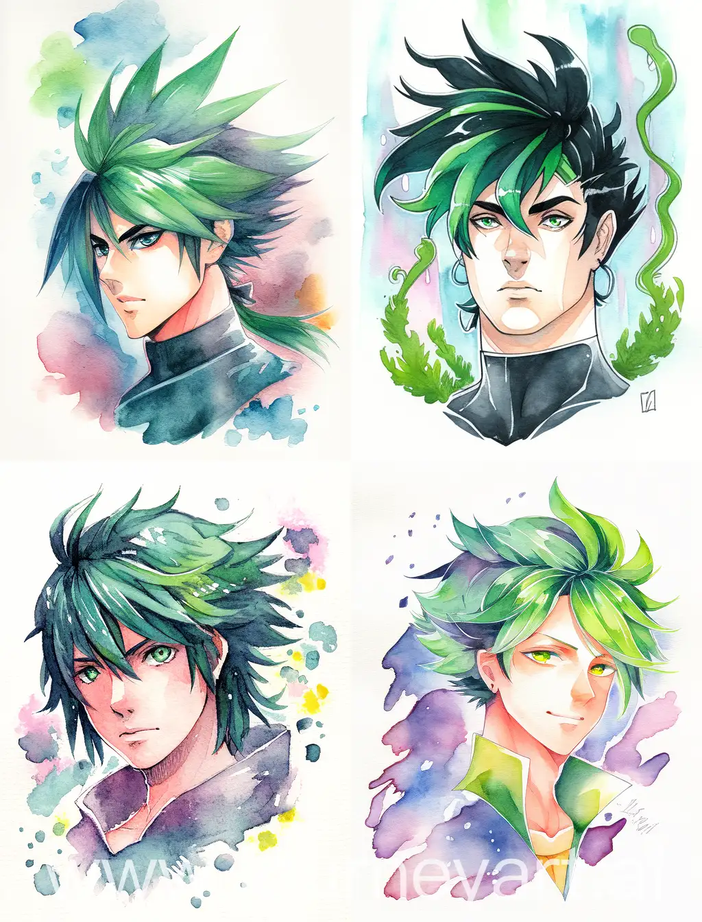 Colorful-Watercolor-Portrait-of-a-Man-from-Uranus-with-Black-and-Green-Hair