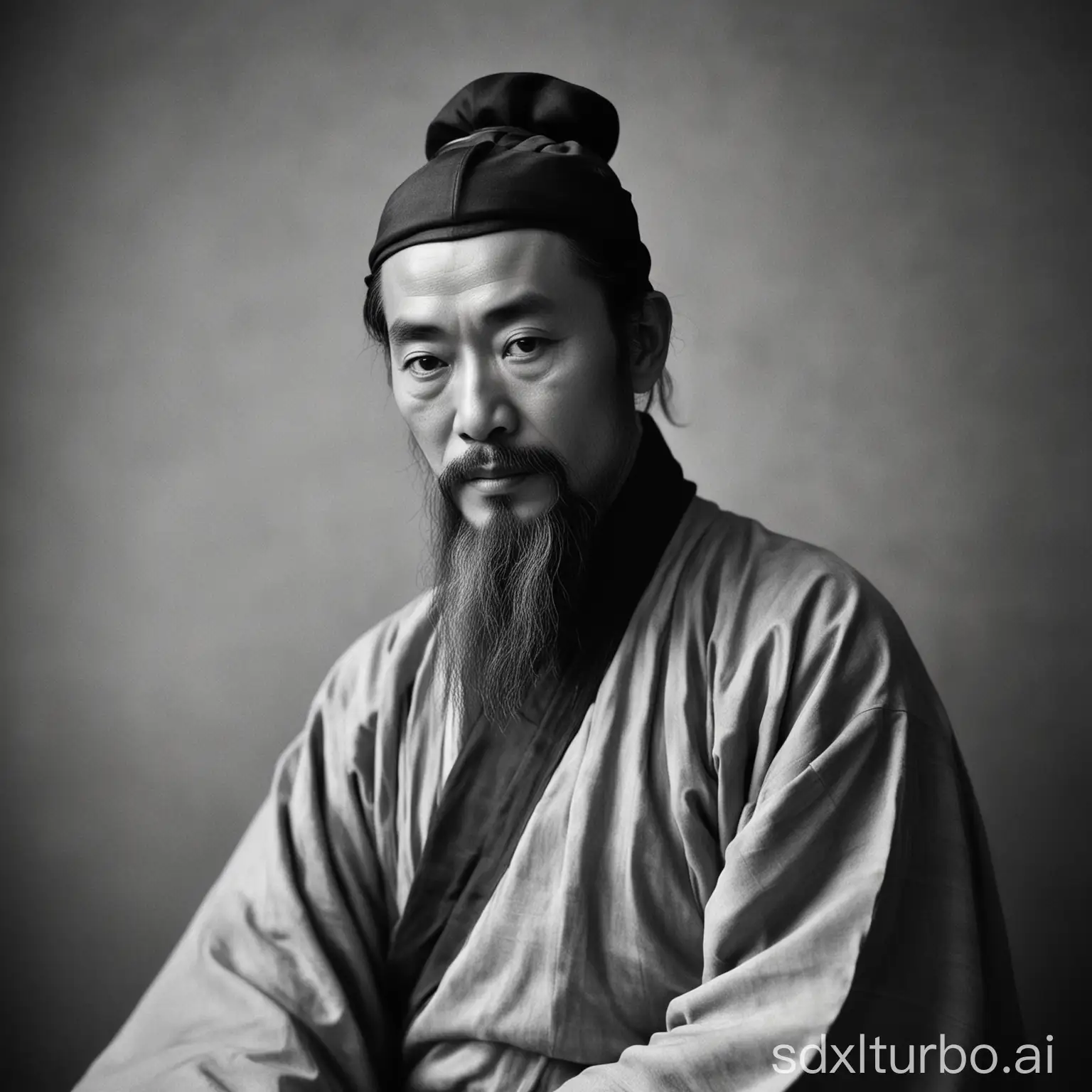 Tang Dynasty poet Li Bai's black and white portrait, captured in a documentary photography style.