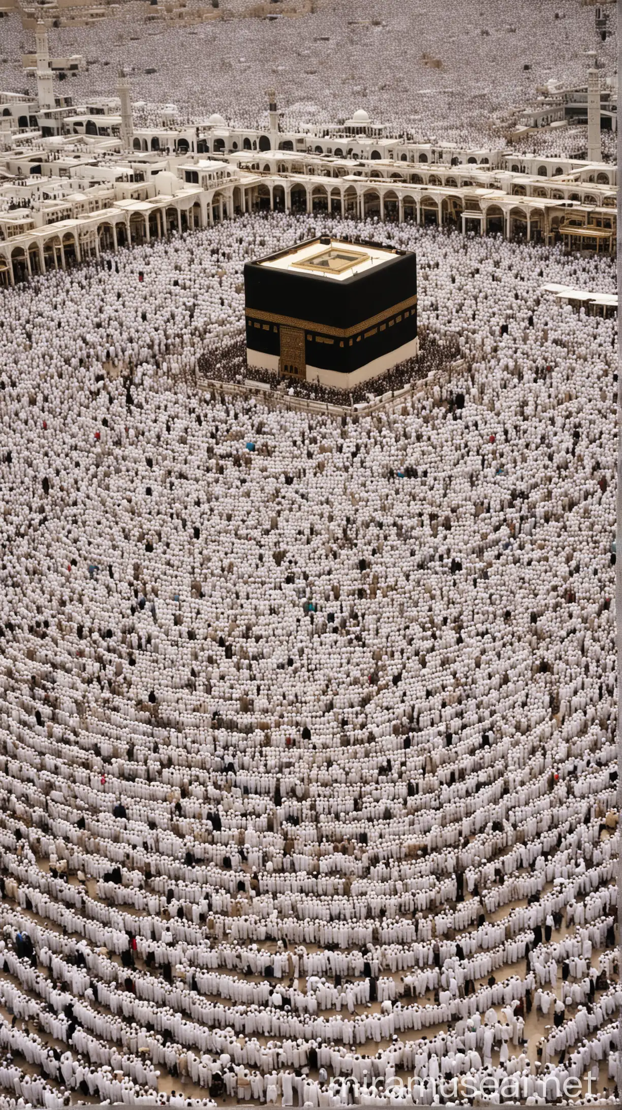 The Kaaba:
A serene landscape captures the sacred precincts of the Kaaba in Mecca, surrounded by the faithful in their white ihram garments. The structure, built by the esteemed Prophet Ibrahim, stands as a symbol of unity and devotion for Muslims worldwide. Its simple yet profound presence exudes an aura of tranquility, drawing pilgrims from every corner of the globe to embark on the spiritual journey of Hajj. with islammic tridition and HD anmd 4K