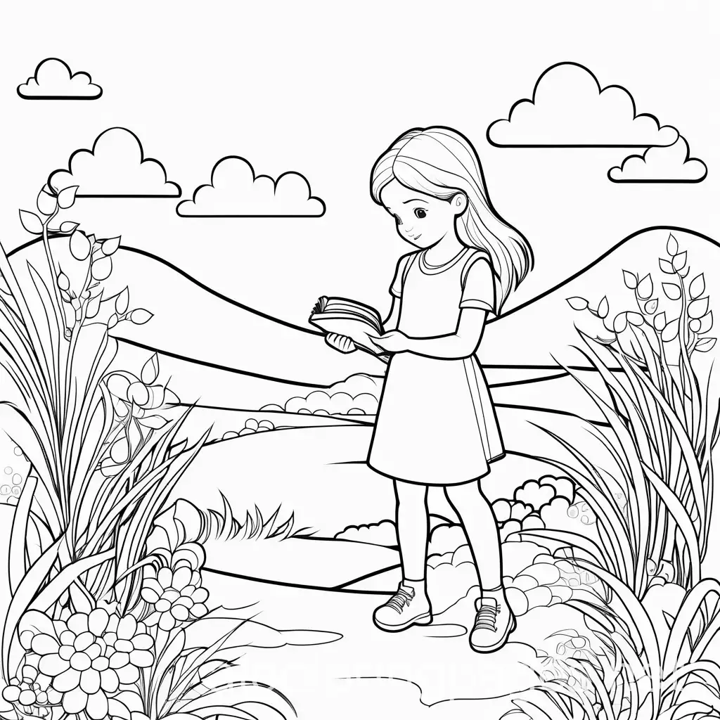 A young girl finds a lost wallet, Coloring Page, black and white, line art, white background, Simplicity, Ample White Space. The background of the coloring page is plain white to make it easy for young children to color within the lines. The outlines of all the subjects are easy to distinguish, making it simple for kids to color without too much difficulty, Coloring Page, black and white, line art, white background, Simplicity, Ample White Space. The background of the coloring page is plain white to make it easy for young children to color within the lines. The outlines of all the subjects are easy to distinguish, making it simple for kids to color without too much difficulty