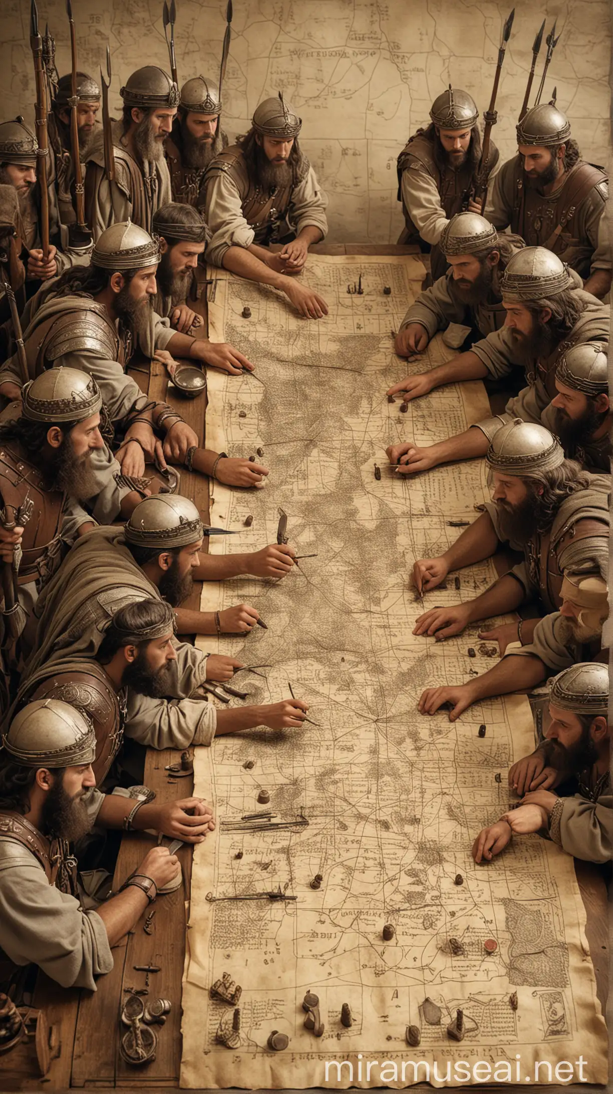 Ancient Hebrew Soldiers Strategizing with Maps and Scrolls