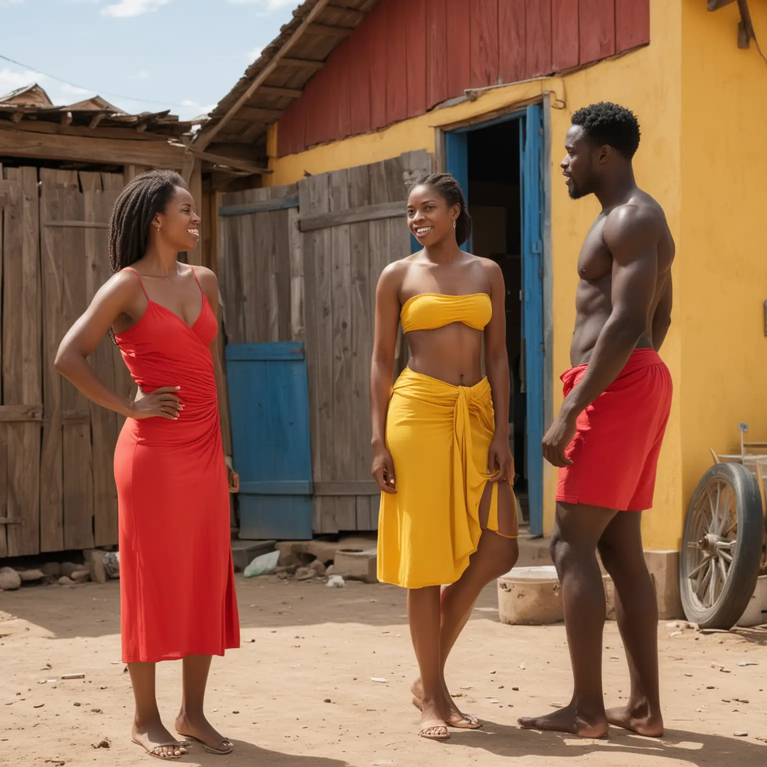 black woman in red dress talking in store a black woman and a shirtless black men in village houses colour red yellow blue