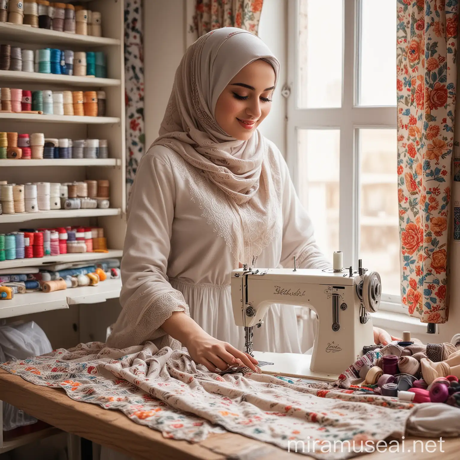 Iranian Woman Sewing Happiness Chic Room and New Sewing Machine