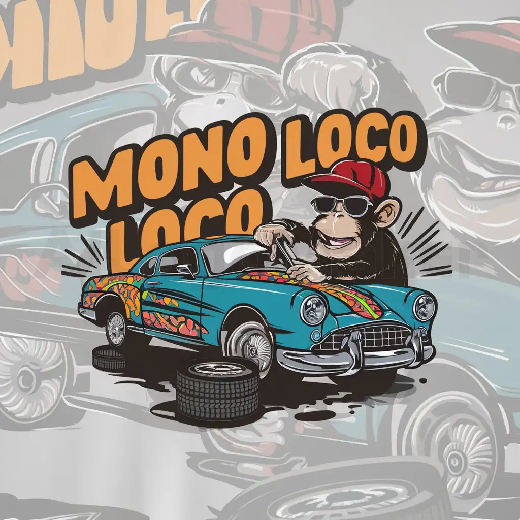 a logo design,with the text "Mono Loco", main symbol:mechanic car monkey,Moderate,clear background