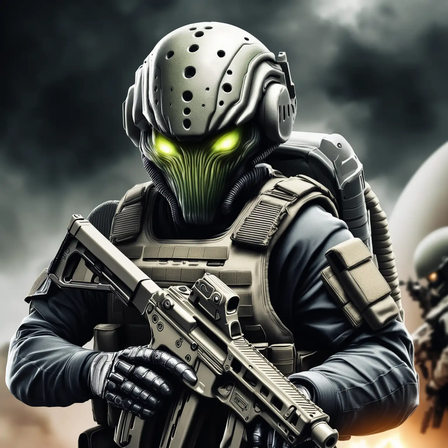 create an image of a tactical alien in war gear with a tactical helmet looking at the camera with a stern look and holding a handgun