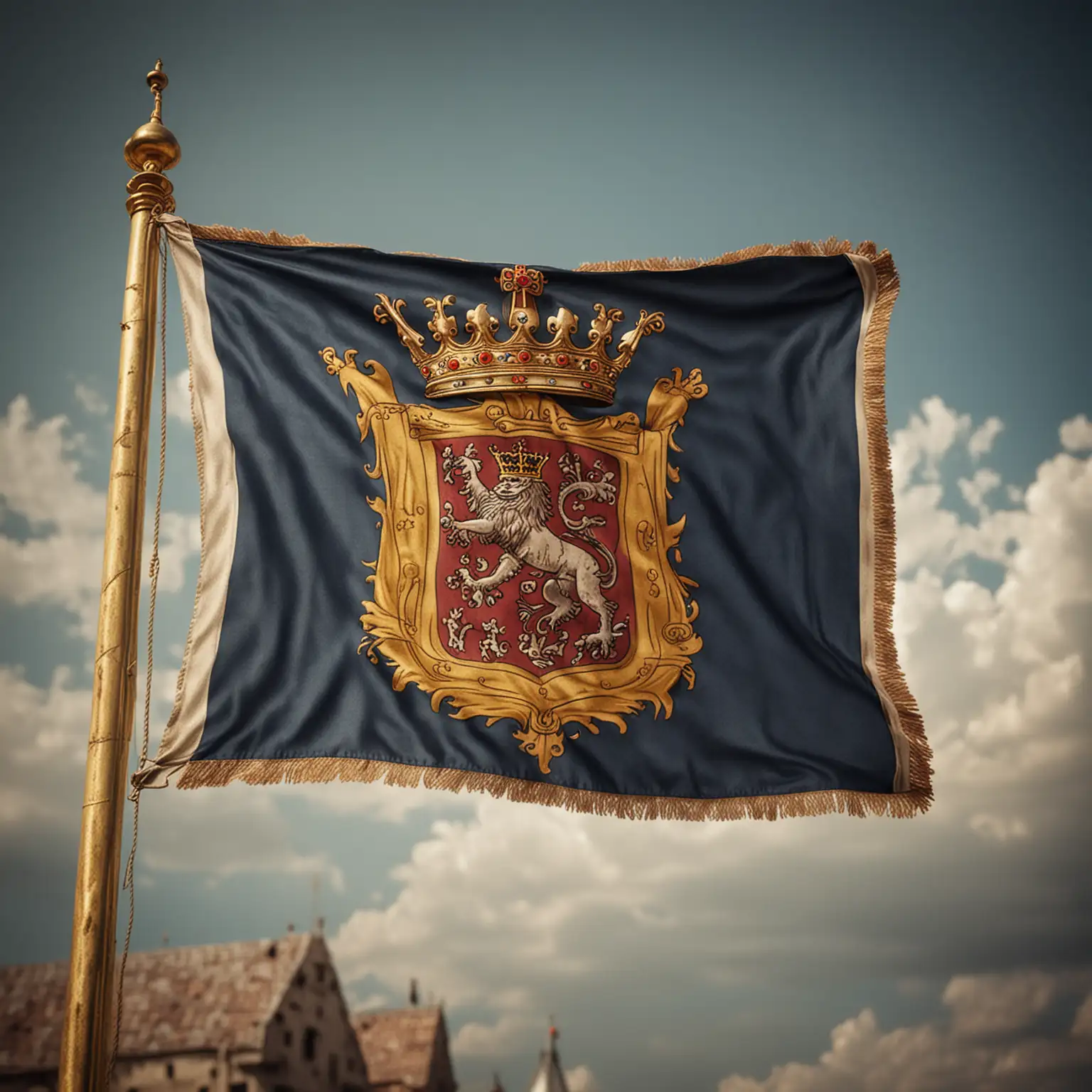 Medieval Flag with Crown on Golden Flagpole