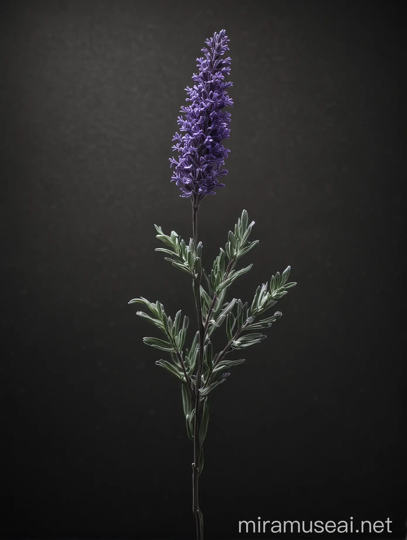contrasty single lavender plant on black background, whimsical design, moody lighting, highly pigmented, film photography, shot from overhead, in Art Style Cinematic Render, CFG scale: 15 Step Scale: 35 Model: (Realistic:1.2) Vision, photorealistic, 8k, --stylize 75 --v 6.0