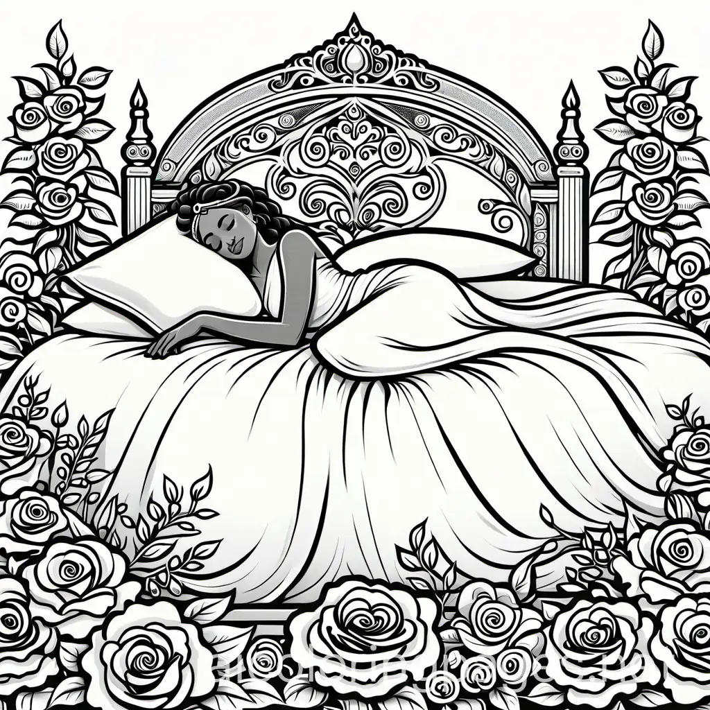 Una bella durmiente de ascendencia africana, dormida en su cama rodeada de rosales en su habitación real, Coloring Page, black and white, line art, white background, Simplicity, Ample White Space. The background of the coloring page is plain white to make it easy for young children to color within the lines. The outlines of all the subjects are easy to distinguish, making it simple for kids to color without too much difficulty