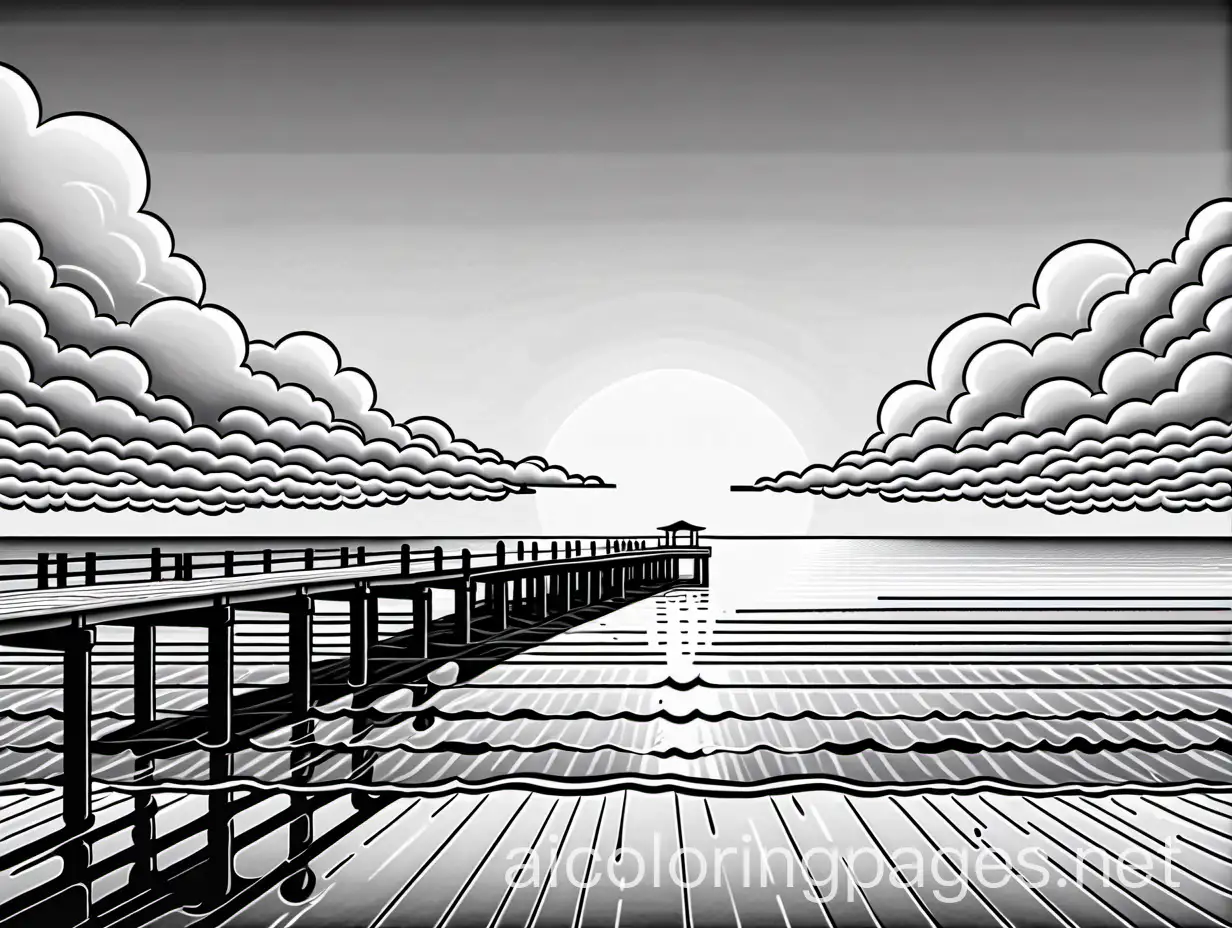 The beach at sunset with a few clouds . Small pier. Simple., Coloring Page, black and white, line art, white background, Simplicity, Ample White Space. The background of the coloring page is plain white to make it easy for young children to color within the lines. The outlines of all the subjects are easy to distinguish, making it simple for kids to color without too much difficulty