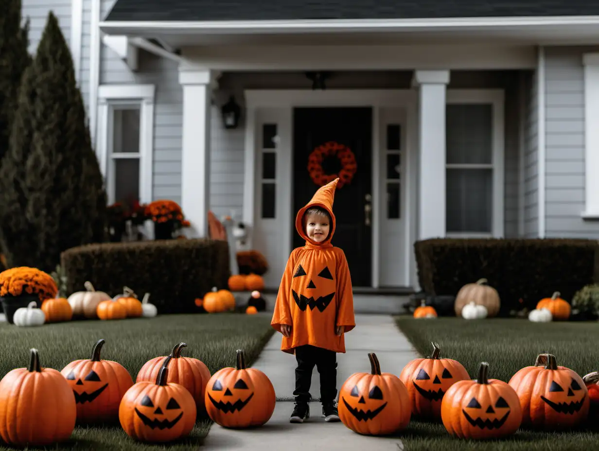 A front yard decorated for Halloween with pumpkins and a child in a pumpkin costume 