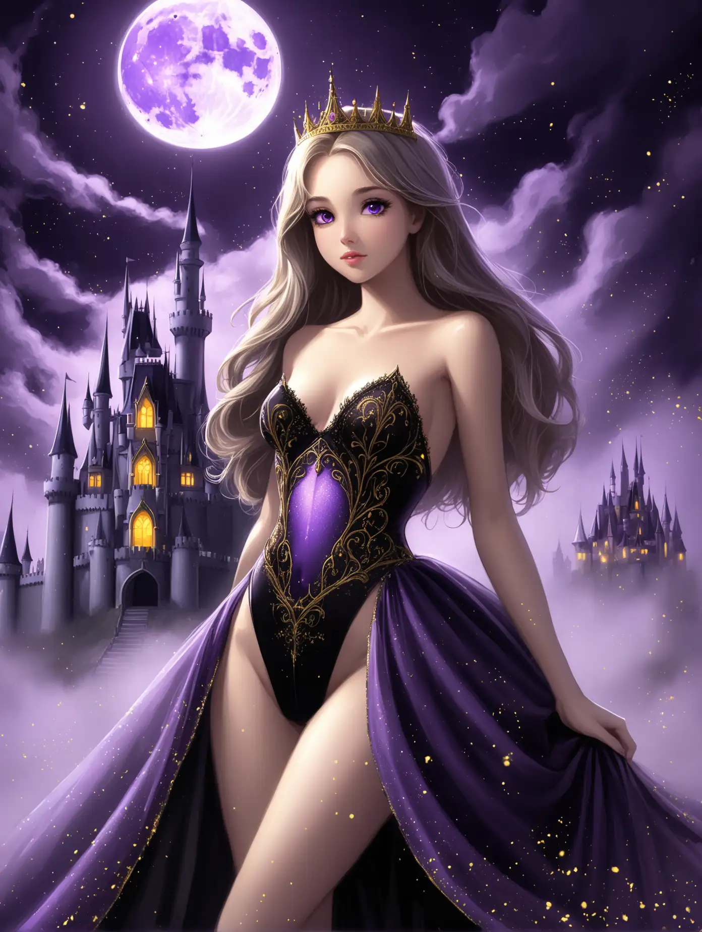 Illustration of a beautiful and sexy princess, she's wearing a purple and black princess gown, with high-cut black leotard underwear, behind her there's the fairytale castle, full moon, purple and black fog, gold sparks, close up