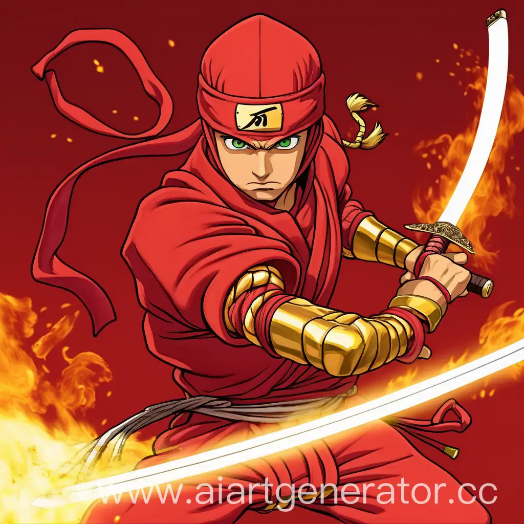 anime art,ninja man age 26,in red ninja uniform,brown hair,green eyes,holding golden katana,with fire power,red background,2006 series,2d render