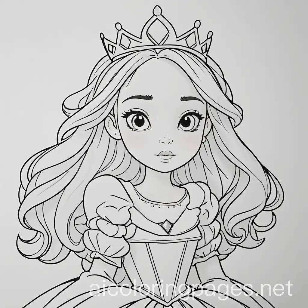 princess contour, Coloring Page, black and white, line art, white background, Simplicity, Ample White Space. The background of the coloring page is plain white to make it easy for young children to color within the lines. The outlines of all the subjects are easy to distinguish, making it simple for kids to color without too much difficulty