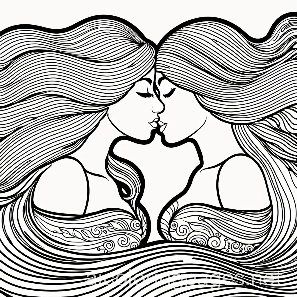 Two mermaids kissing, Coloring Page, black and white, line art, white background, Simplicity, Ample White Space. The background of the coloring page is plain white to make it easy for young children to color within the lines. The outlines of all the subjects are easy to distinguish, making it simple for kids to color without too much difficulty