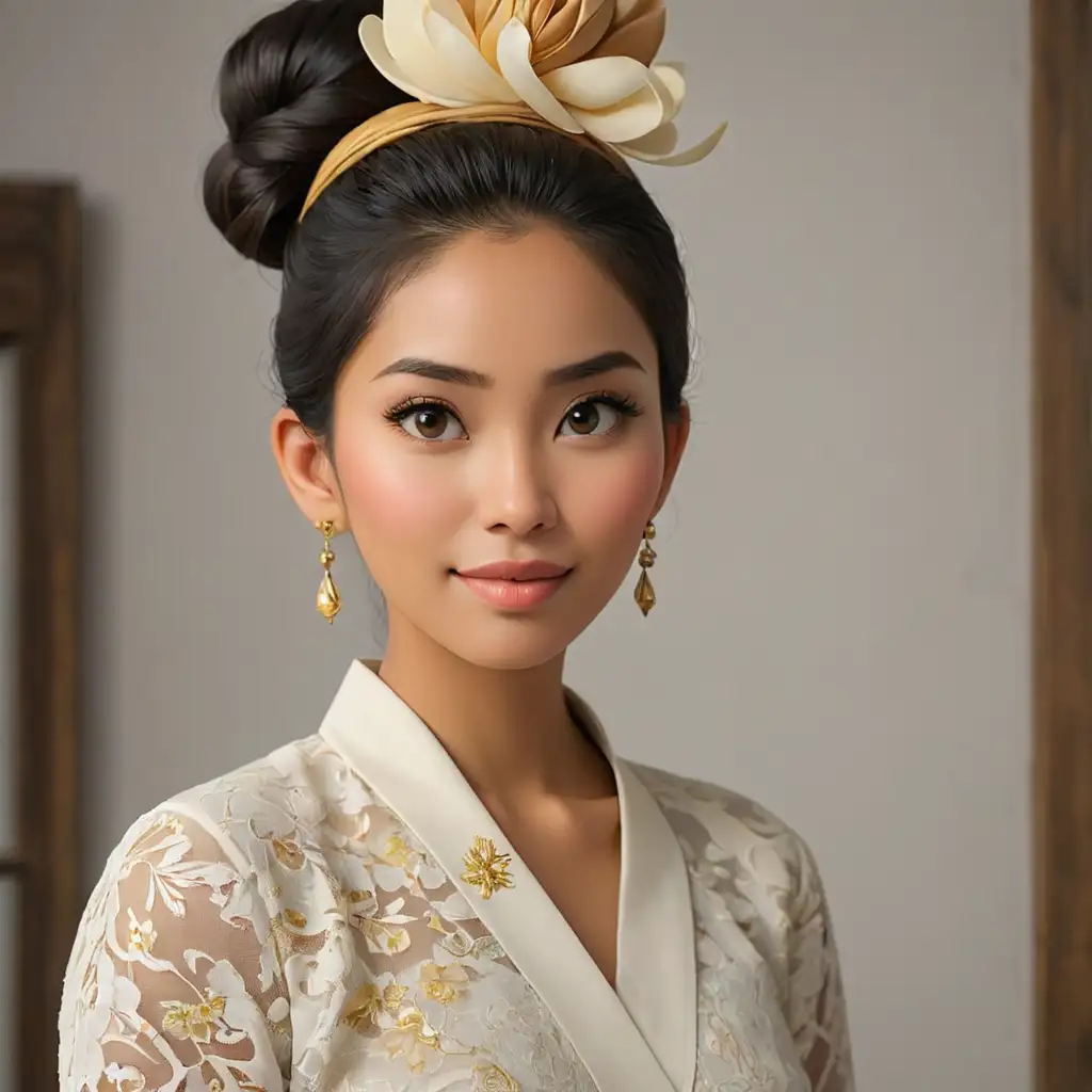 Beautiful Indonesian Woman with Traditional Cock Bun Hairstyle