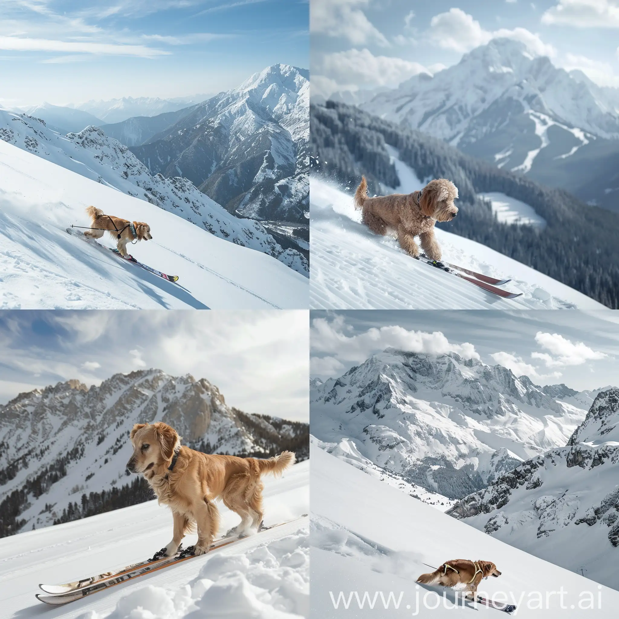 A dog skiing on a snowy mountain, the dog is a bit clumsy and almost falls down