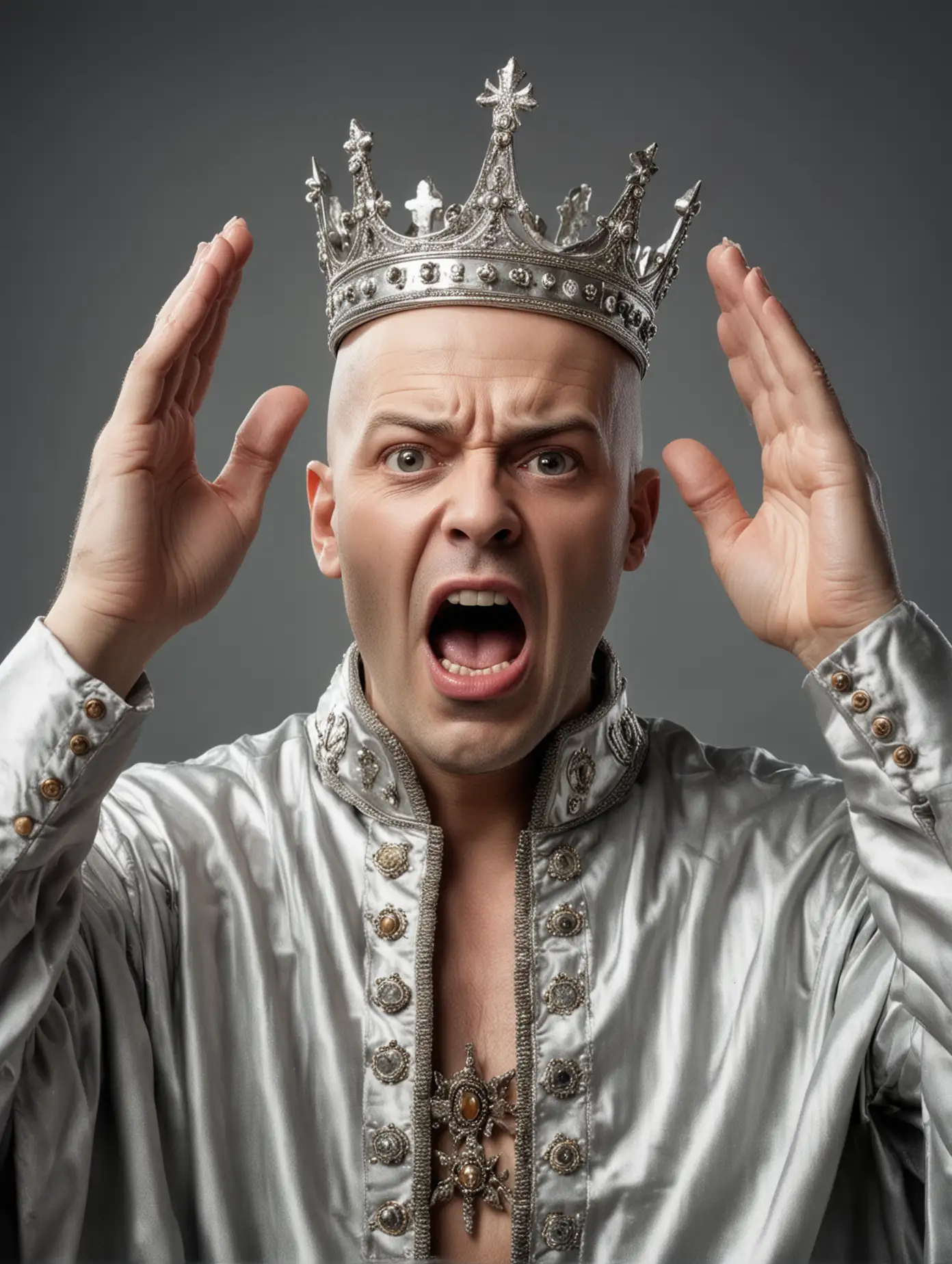 Shocked Bald King with Open Mouth and Hands on Head Silver Crown