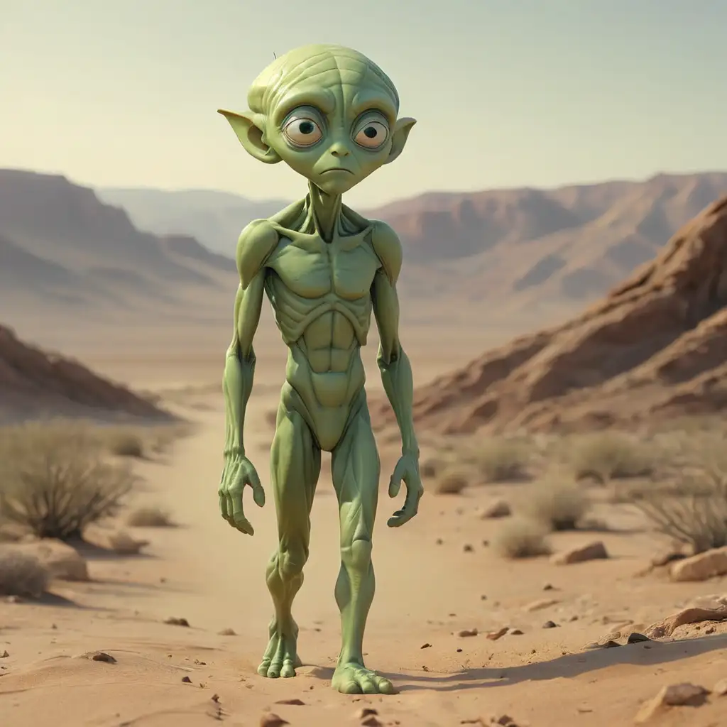 一个孤独的年轻外星小绿人在沙漠中行走，焦急的张望远方天际