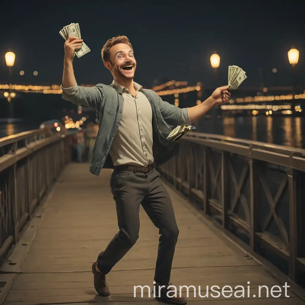 A happy man dancing with a wallet in his left hand and a bundle of cash in his right hand on the bridge near the river at night