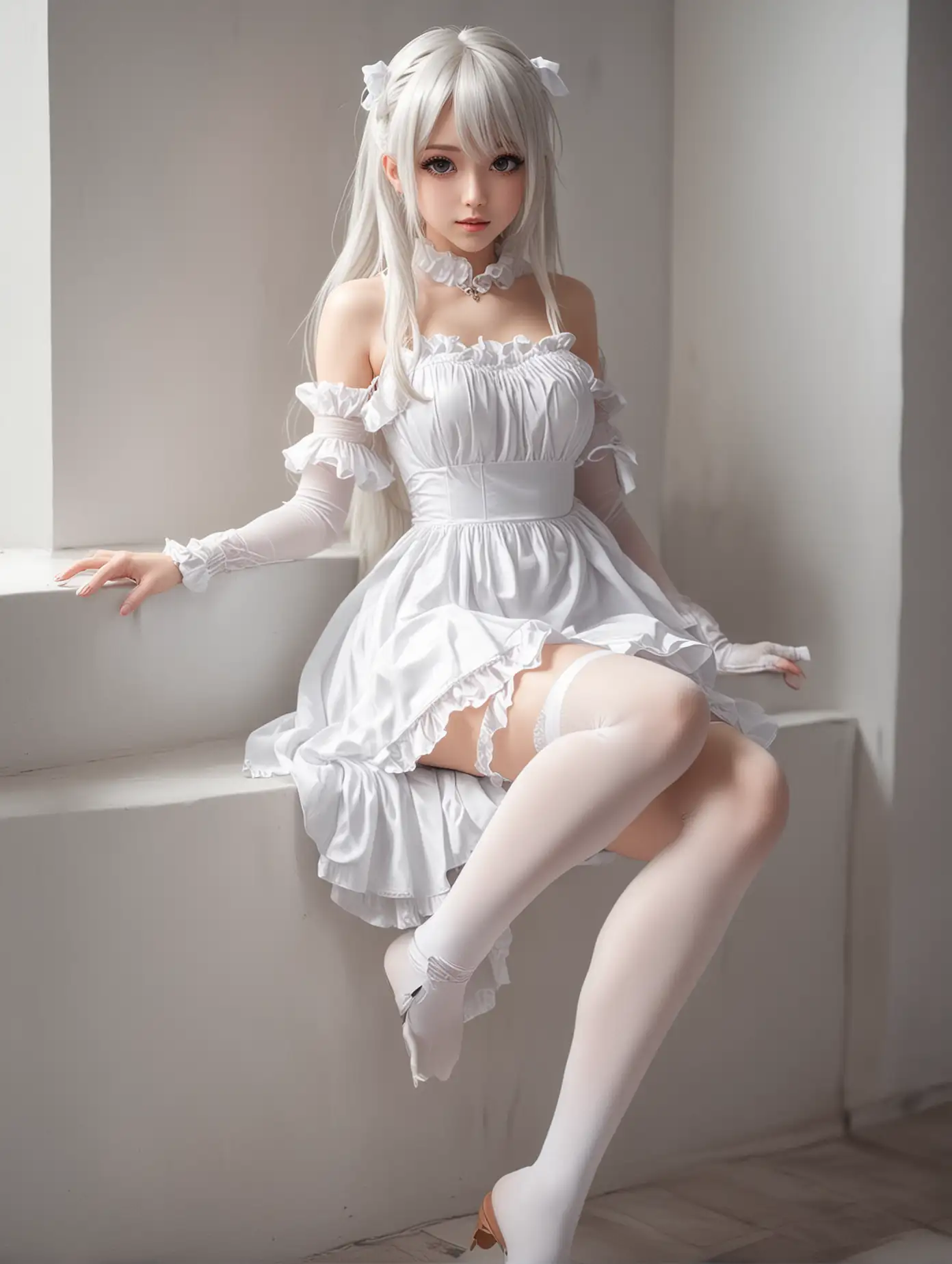 Seductive Anime Girl in Elegant White Dress and Stockings