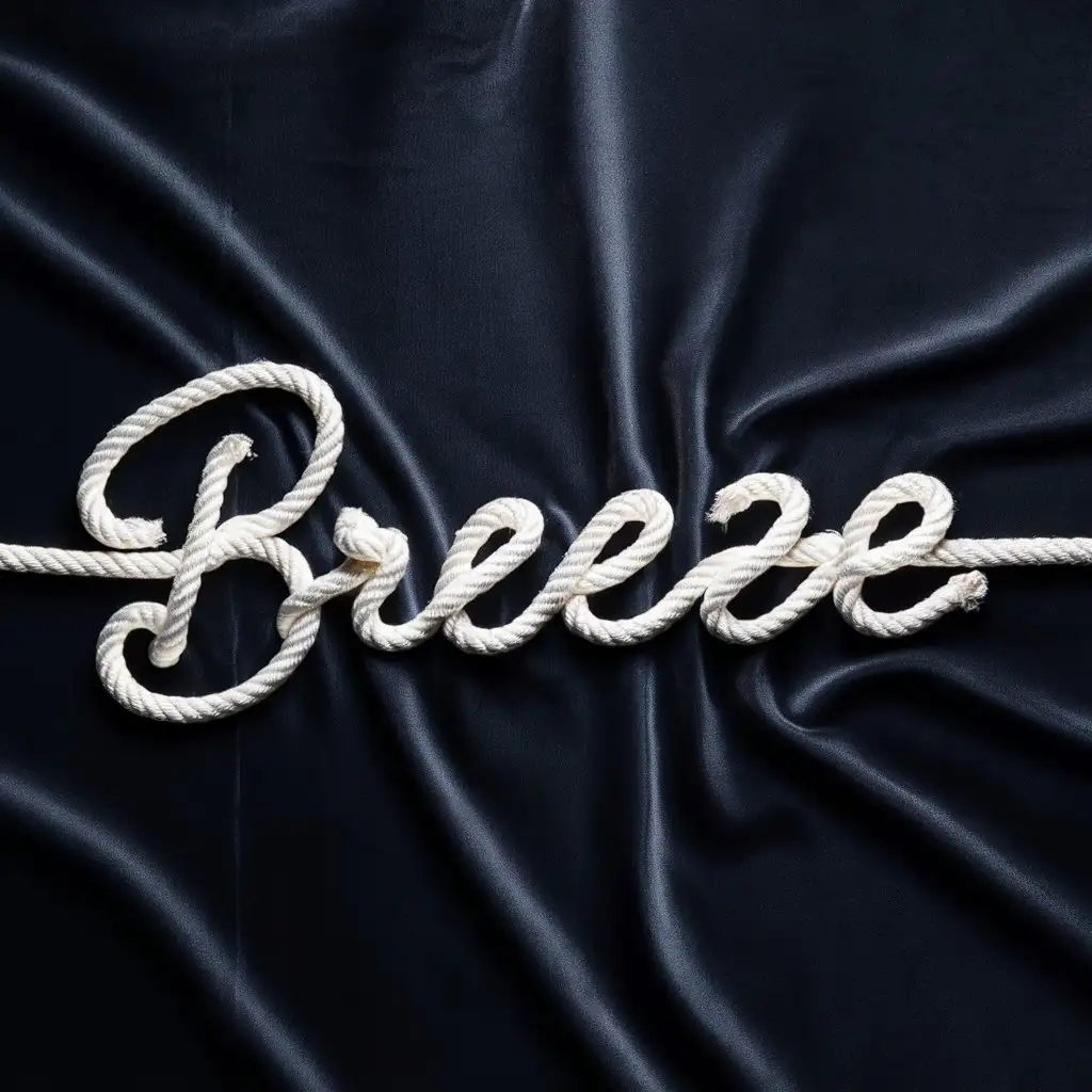 compose the word "breeze" in thick cursive letters as a white rope on black background