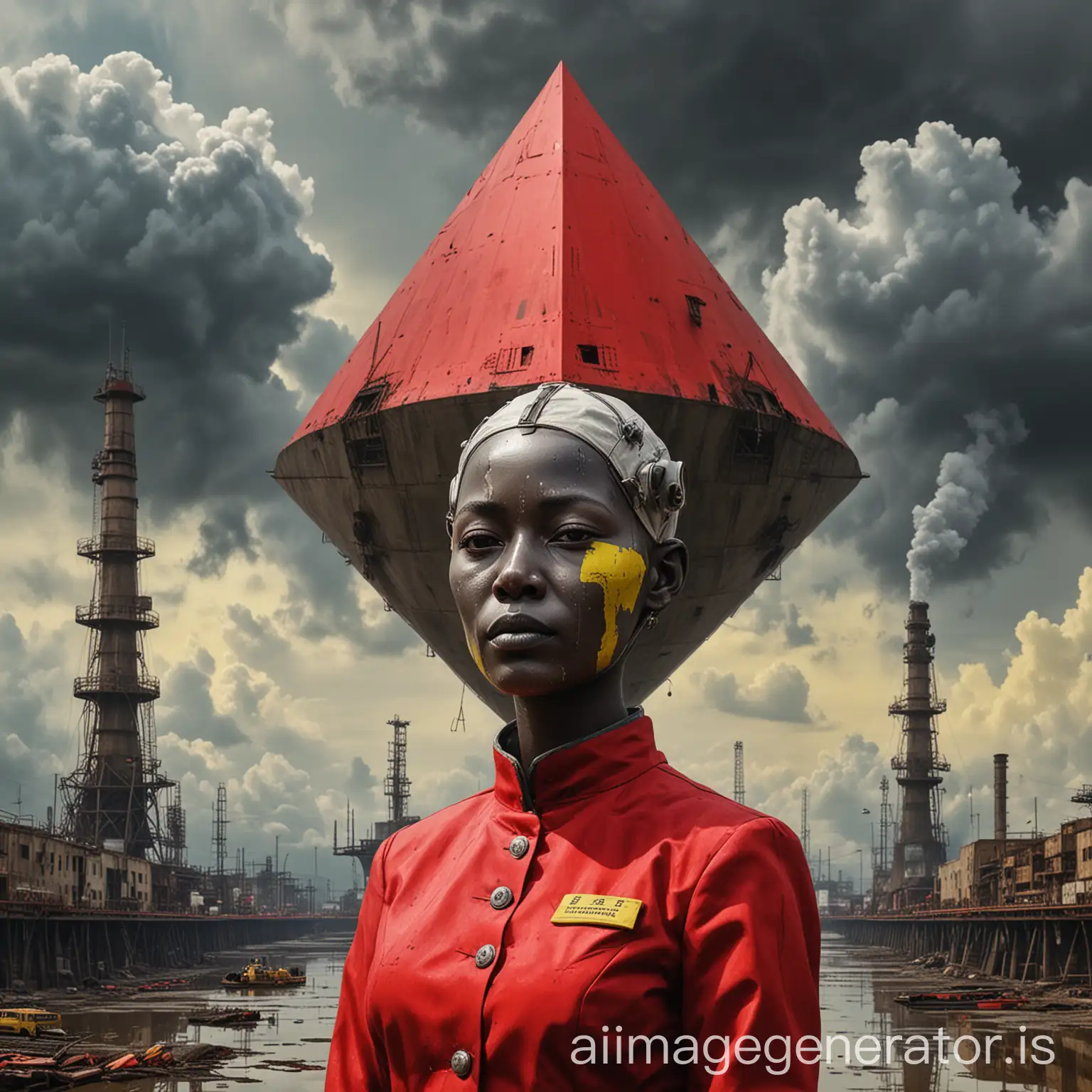close-up enslaved people-suits-bathyscaphes,concrete buildings,distillation petrochemical columns, square in a rhombus huge head of the overseer in the sky,palette red and acid yellow, black clouds