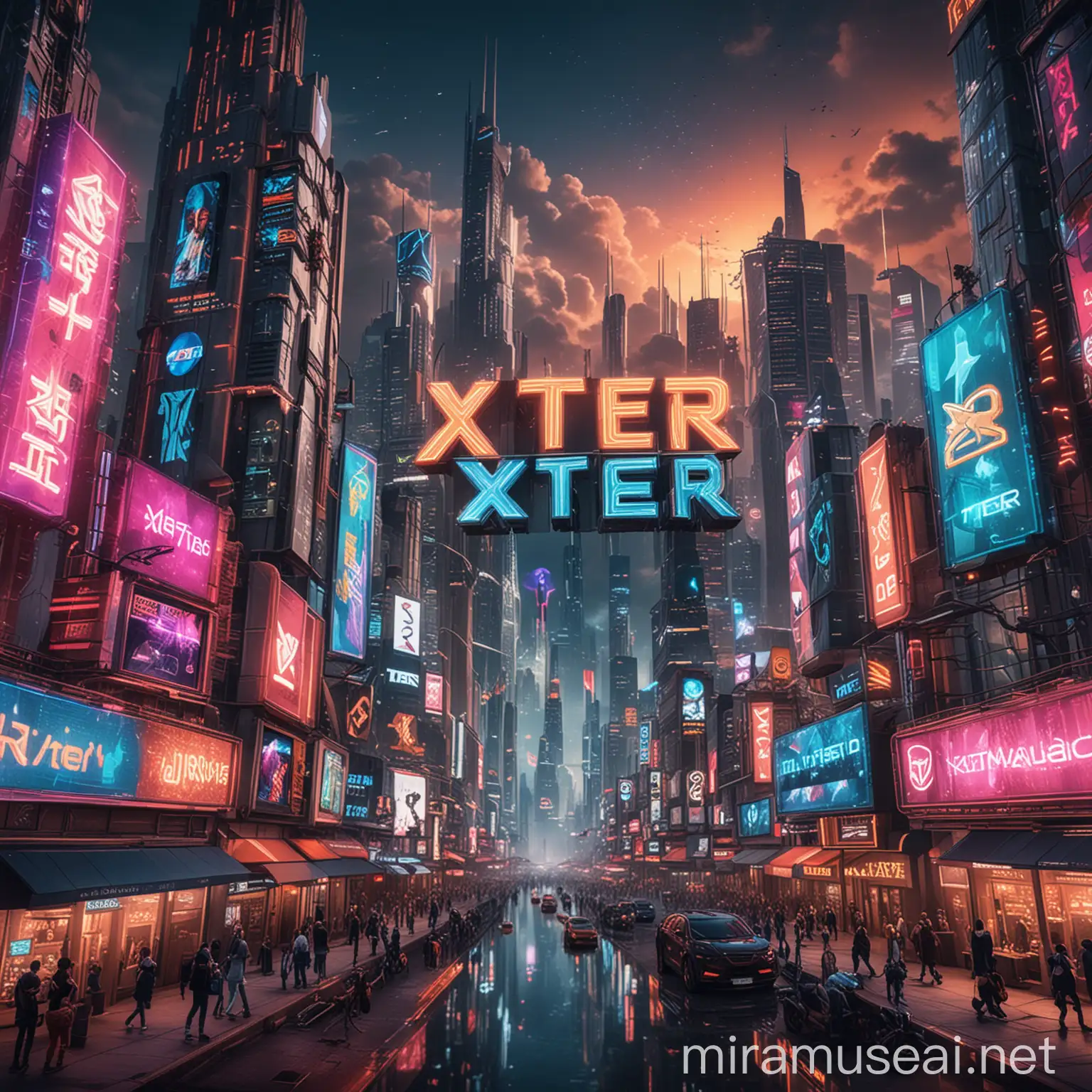 Picture a vibrant virtual cityscape with towering skyscrapers adorned with neon signs displaying the XTER logo. In the foreground, digital avatars engage in immersive gaming experiences, surrounded by cutting-edge technology and holographic displays. The artwork could evoke a sense of excitement and possibility, highlighting the transformative potential of decentralized gaming with $XTER.





