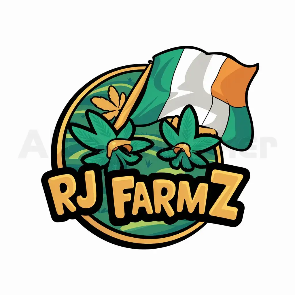 a logo design,with the text "RJ FARMZ", main symbol:A circle or round logo with illustrations of marijuana leaves, ensuring a very cartoonish style, and in the background an Irish flag. ,complex,be used in Others industry,clear background