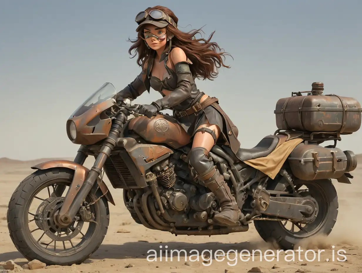 Teenaged female scavenger, 1980s-inspired Irish features, shoulder length dark copper hair, c-cup, hat, goggles, cloak, boots, leather bikini bottom, primitive sci-fi rifle, riding a weathered Kawasaki Ninja H2R motorcycle, barren alien wasteland, powerful stance, side view emphasizing long distance, high resolution, intricate details, dramatic lighting, shadows, highlights.