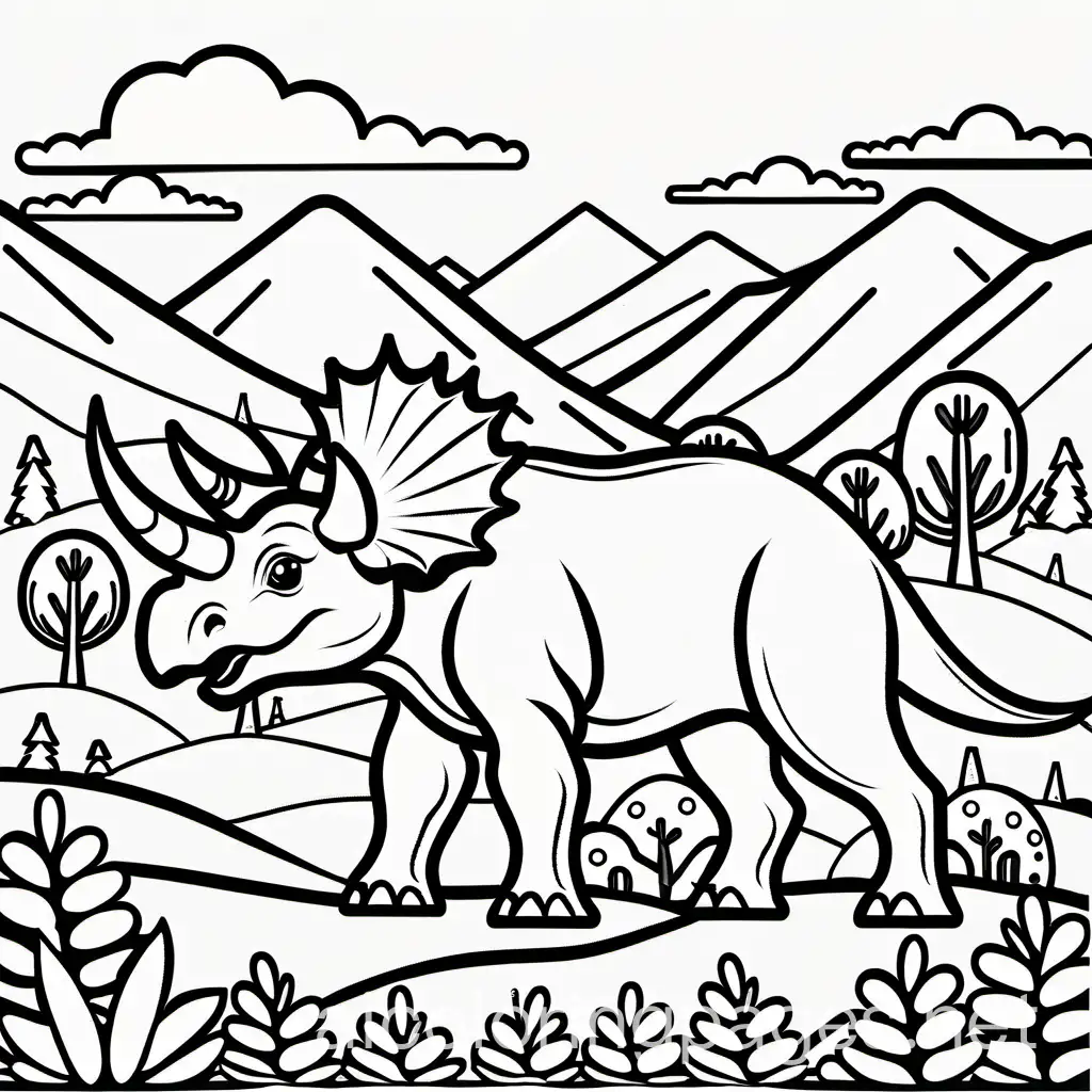 Triceratops-Coloring-Page-with-Trees-and-Hills