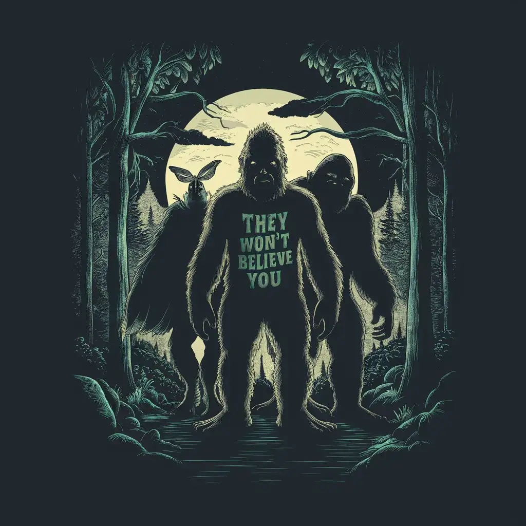 Dark night with mothman, Bigfoot, grafton monster all in the same scene. With the words “They won’t believe you” t shirt design 