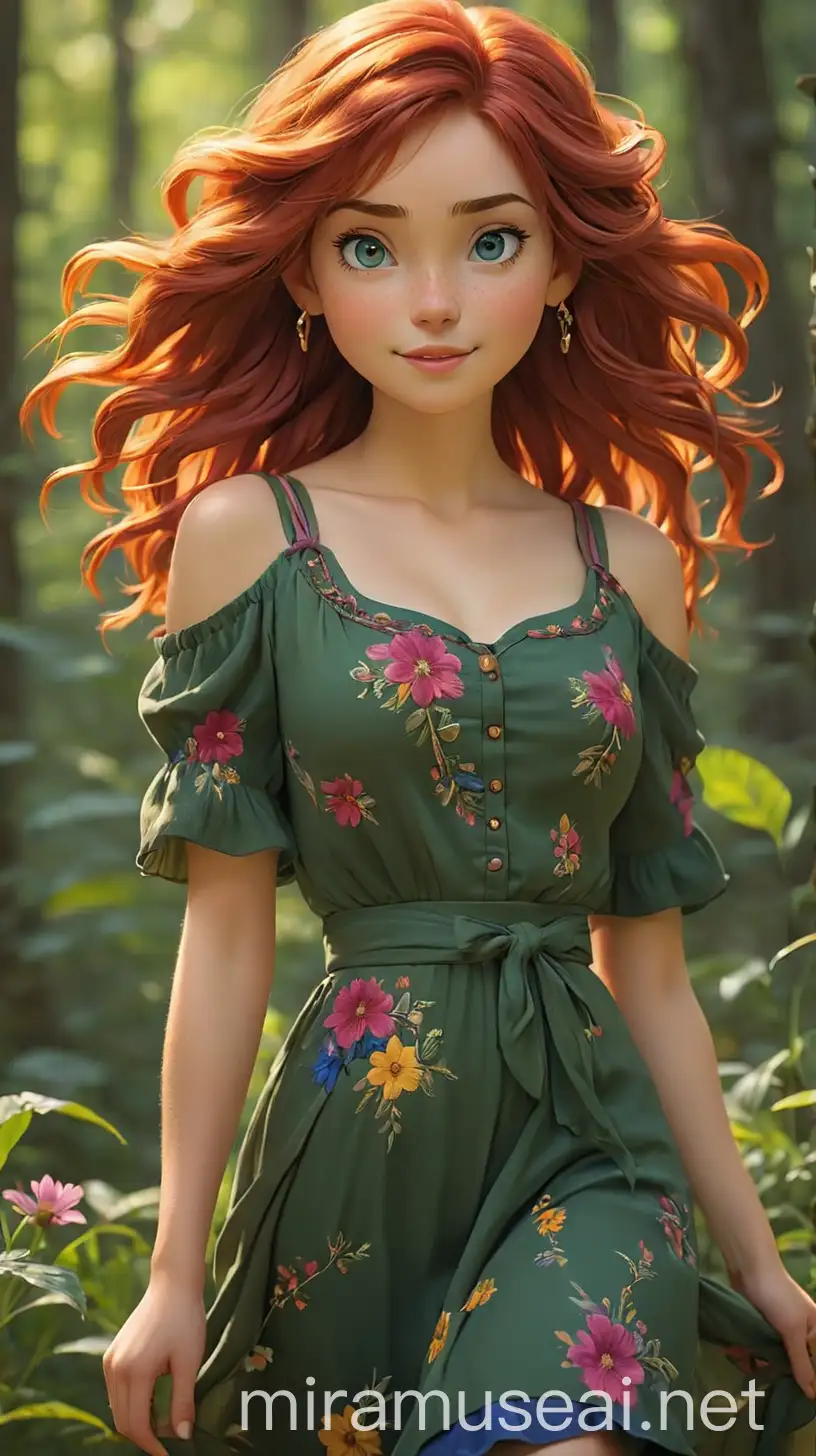 A radiant young woman with a warm and inviting presence, reflecting the love and happiness of her parents, Anna and Kristoff. Her cascading red hair that shines like the flames of a summer sunset, with streaks of magenta and royal blue woven throughout, adding a touch of whimsy to her look. Her eyes are a warm hazel, sparkling with curiosity and kindness, reflecting her adventurous spirit. The Girl's complexion is fair and freckled, with a rosy glow that complements her cheerful demeanor. Her outfit embodies a fusion of 2020s springcore, summercore, dreamcore, warmcore, bloomcore, cottagecore, Americana, vintage Americana, and princesscore aesthetics, showcasing her eclectic style and royal lineage. She wears a flowing sundress in a vibrant forest green, adorned with delicate floral embroidery in shades of royal blue and magenta, reminiscent of a blooming garden. The bodice of the dress is fitted with a sweetheart neckline, accentuating The Girl's figure, while the skirt billows out in soft layers, adding a touch of whimsy and romance to her ensemble. She accessorizes with a wide-brimmed straw hat adorned with a ribbon in shades of gold and yellow, shielding her from the sun's rays while adding a vintage Americana flair to her look. On her feet, she wears sandals heels in a warm tan hue, with intricate braided straps that wrap around her ankles, providing comfort and style for her outdoor adventures. Marigold accessorizes with gold jewelry, including charm bracelets adorned with tiny sun and flower charms, symbolizing her connection to nature and the warmth of summer. 