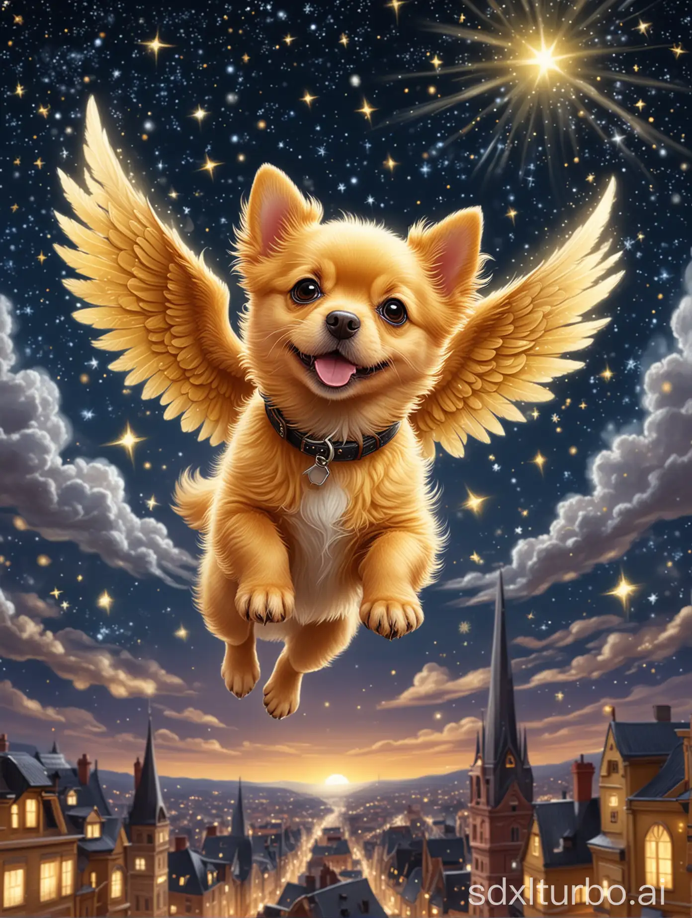 A cute little yellow dog, flying with wings in the sky above the city, the starry sky shining brightly.