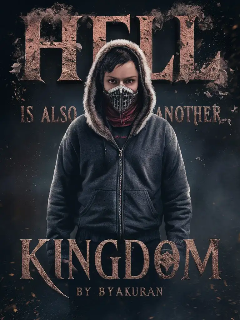 eleven, fur-lined hoodie, stranger things, full body, ultra HD detailed, professional photography, assassin-snood-mouth-mask, horror.   the following describes the title: ash flaking around it   LARGE LETTERS Hollow inside:'Hell'    Slightly smaller: 'is also just another'    LARGE LETTERS Hollow inside:'Kingdom' below smaller: 'By Byakuran'