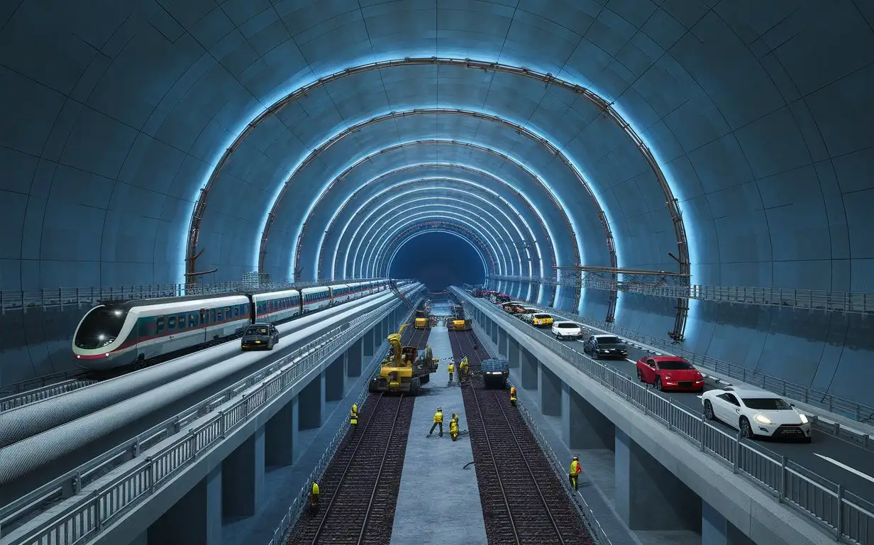 A very realistic very huge undersea tunnel inside the ocean , for passenger trains, trums and passenger cars in the highway inside, very unique and modern with construction workers finishing inside the ocean