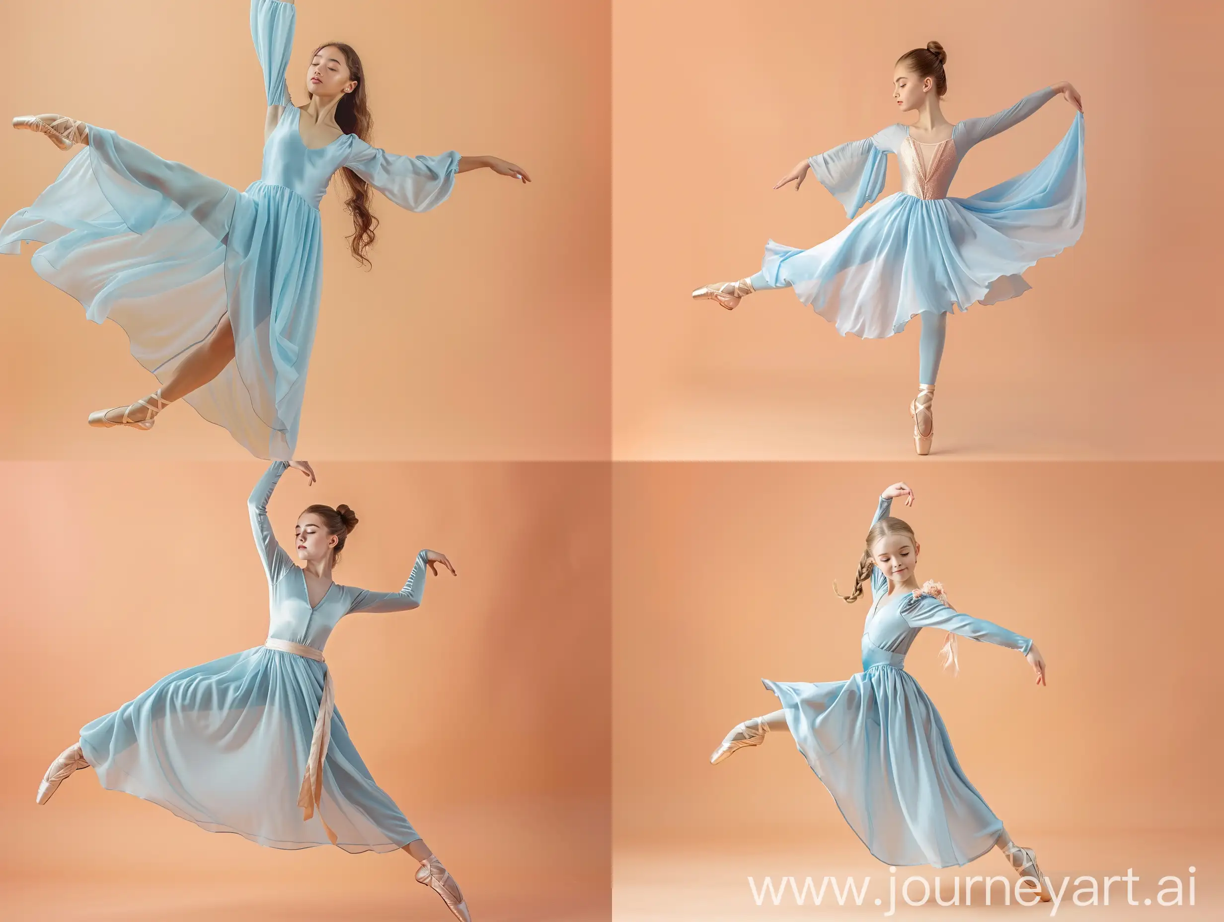 красивая девушка в нежно голубом длинном шелковом платье в пуантах танцует как балерина на нежном персиково-розовом фоне