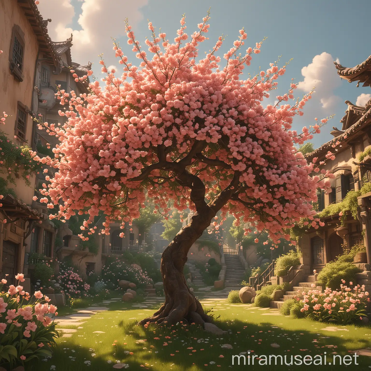 A lush peach blossom tree，Pixar style