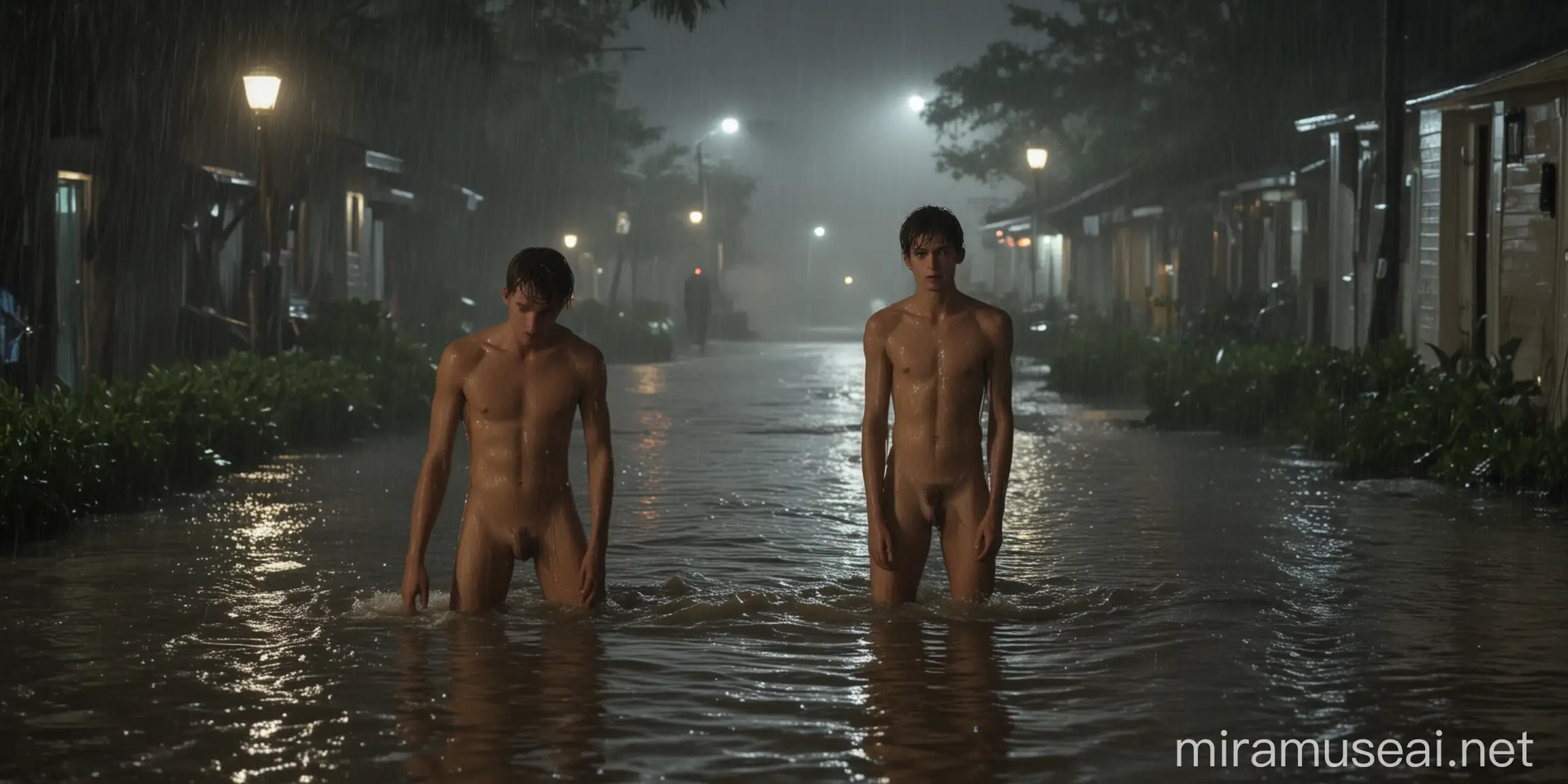Nighttime Surfing in Flooded Street During Heavy Rain and Lightning