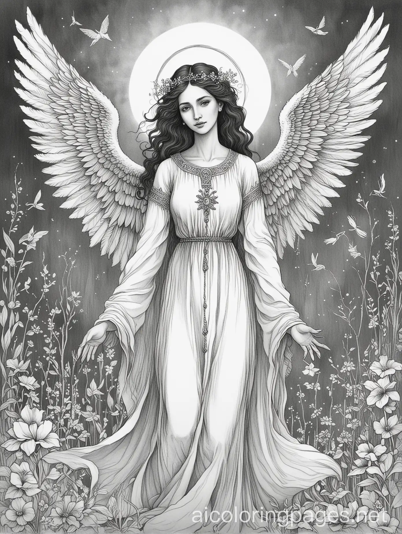 biblical angel adult colouring book in the style of leonora carrington, Coloring Page, black and white, line art, white background, Simplicity, Ample White Space. The background of the coloring page is plain white to make it easy for young children to color within the lines. The outlines of all the subjects are easy to distinguish, making it simple for kids to color without too much difficulty