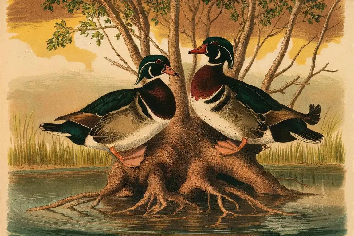 vintage print of a hen and drake Wood Ducks in Tranquil Waters , perching on an tree in the water