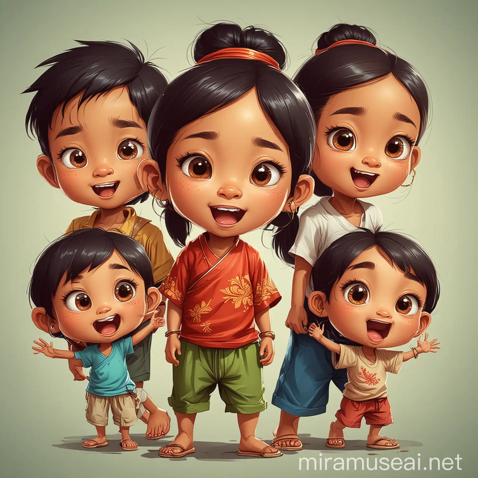 cartoon illustration of cute Southeast Asian kids. create a more dramatic and detailed illustration.