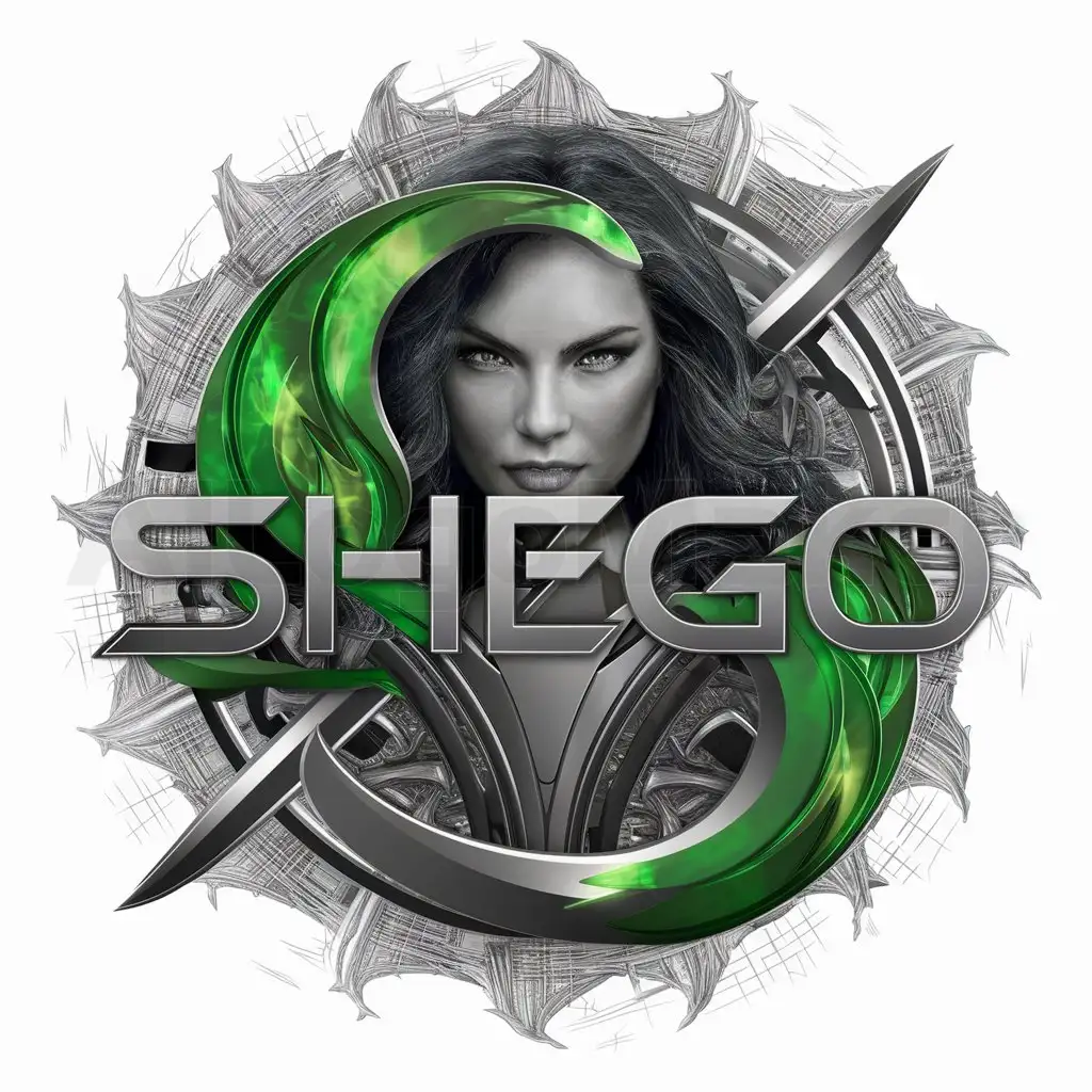 a logo design,with the text "Shego", main symbol:REALISTIC SHEGO with green Flame elements,complex,be used in 0 industry,clear background