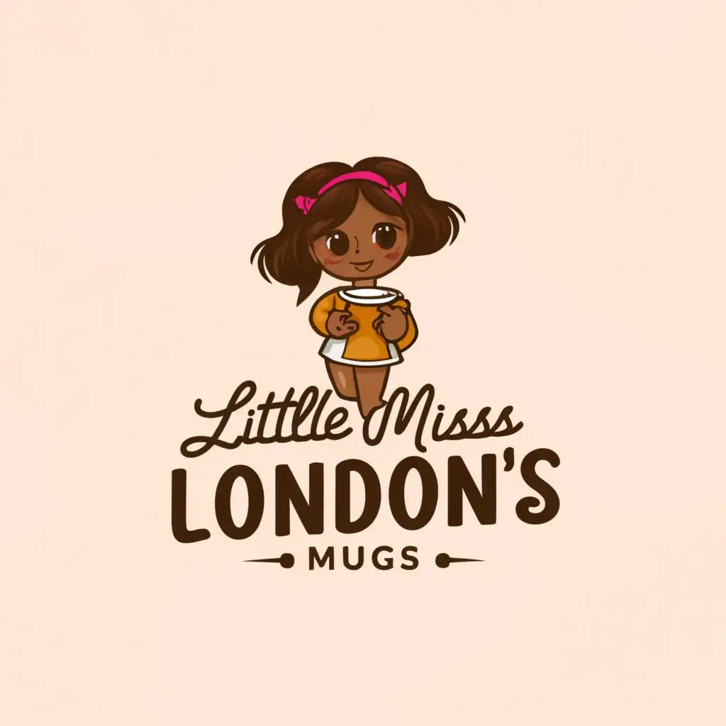 LOGO-Design-for-Little-Miss-Londons-Mugs-Trendy-Girl-with-Coffee-Mug-on-Light-Brown-Background