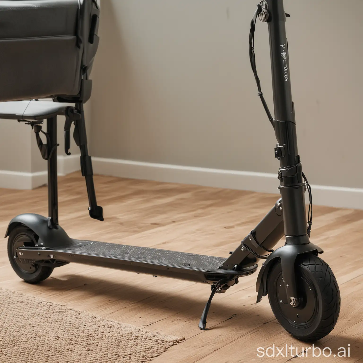 A close-up of a mobility scooter in a home. The scooter is sleek and stylish.